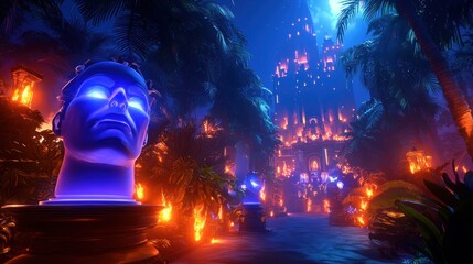 Fototapeta premium A vibrant, mystical scene featuring a glowing blue head statue amidst a lush landscape, illuminated by fiery lights and surrounded by palm trees.