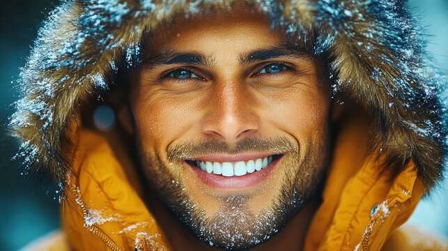 A man with a radiant smile stands in a snowy environment, wearing a bright orange coat with a furry hood. Snowflakes are gently resting in his hair - Powered by Adobe