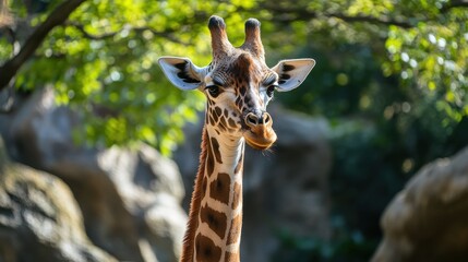 Fototapeta premium Young giraffe portrait, sunlit foliage