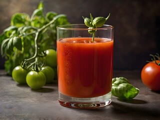 Fototapeta premium Tomato juice. Fresh red tomato detox juice in glass. Homemade tomato juice. 