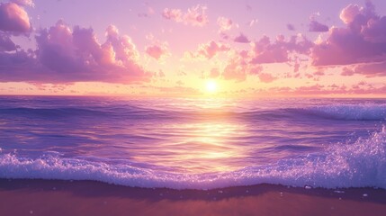 Fototapeta premium Serene Sunset Beach: Purple Hues and Ocean Waves