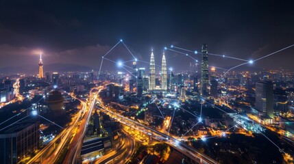 Digital connectivity network through oil and gas fields at night There is a large petrochemical factory in the background