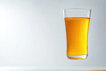 Golden beverage in transparent glass reflects light, creating re