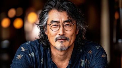 Obraz premium A man with gray hair and stylish glasses sits confidently, wearing a dark patterned shirt. The warm lighting creates a cozy atmosphere, emphasizing his relaxed demeanor