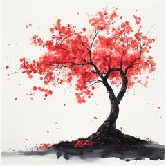 Traditional Chinese Art Style Tree with Vibrant Colored Petals Emerging from a Dark Ground on a White Background