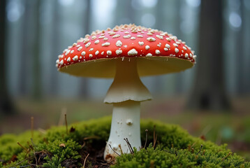 A striking red and white mushroom surrounded by green moss.