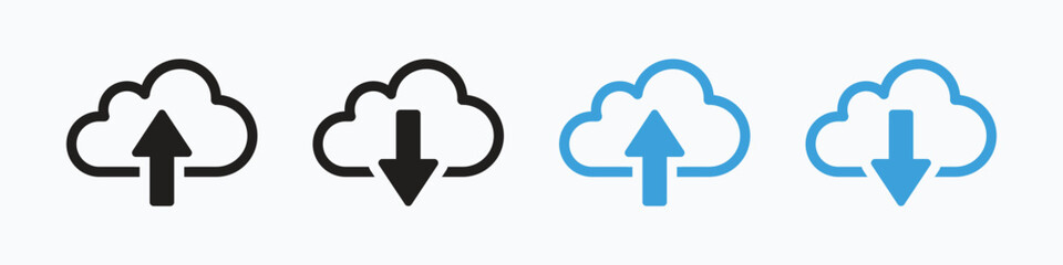 Collection of upload and download vector icons with black and blue colors. Cloud computing icon symbol. Vector illustration