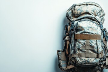 Military-Style Hiking Backpack with Camouflage Design and Multiple Compartments Against a Light Background, Perfect for Outdoor Adventures and Travel Needs