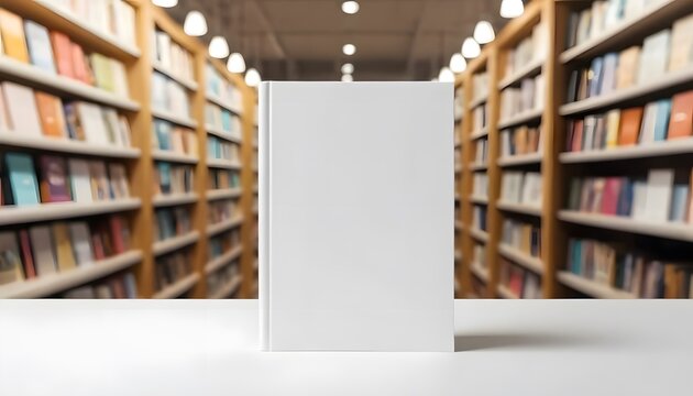 Blank white book cover mockup in library or store with blurred shelves & books, stationery shop hardcover branding promotion mockups - Powered by Adobe