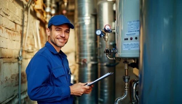 Caucasian man in blue uniform checking water system, horizontal, suitable for plumbing services, maintenance companies, home repair businesses, professional services and technical support materials