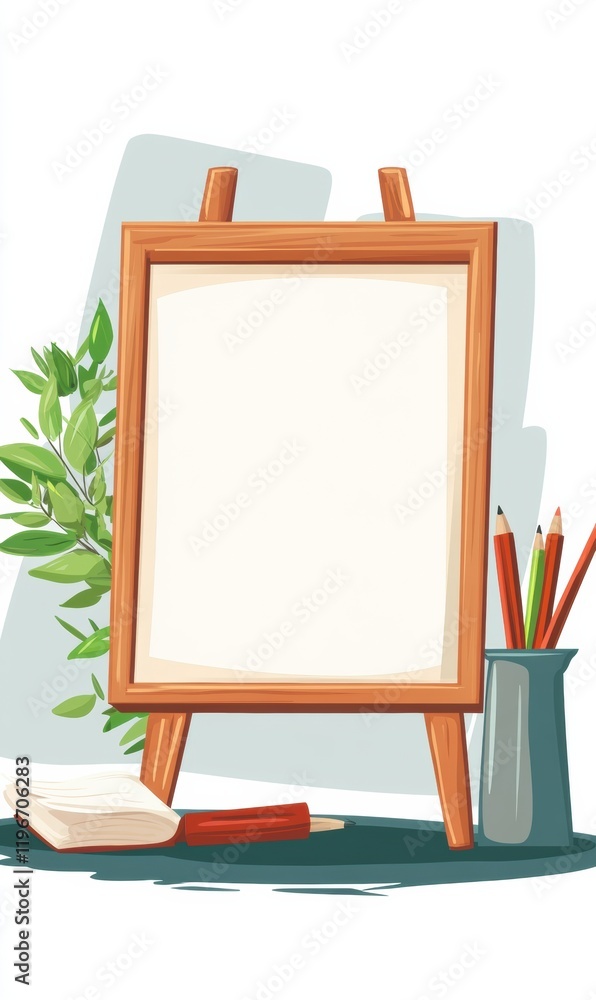 Poster empty canvas on easel with art supplies and greenery ready for creativity and expression in a worksp