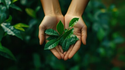 Tender Green Tea Leaves in Caring Hands: A Symbol of Nature's Bounty and Sustainability