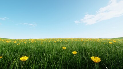 A vibrant field of yellow flowers under a clear blue sky.