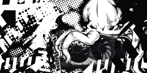 Octopus Illustration design with black and white abstract textured background