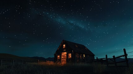 A charming stable glowing in the night, with stars filling the sky above and faint outlines of nearby fences visible.