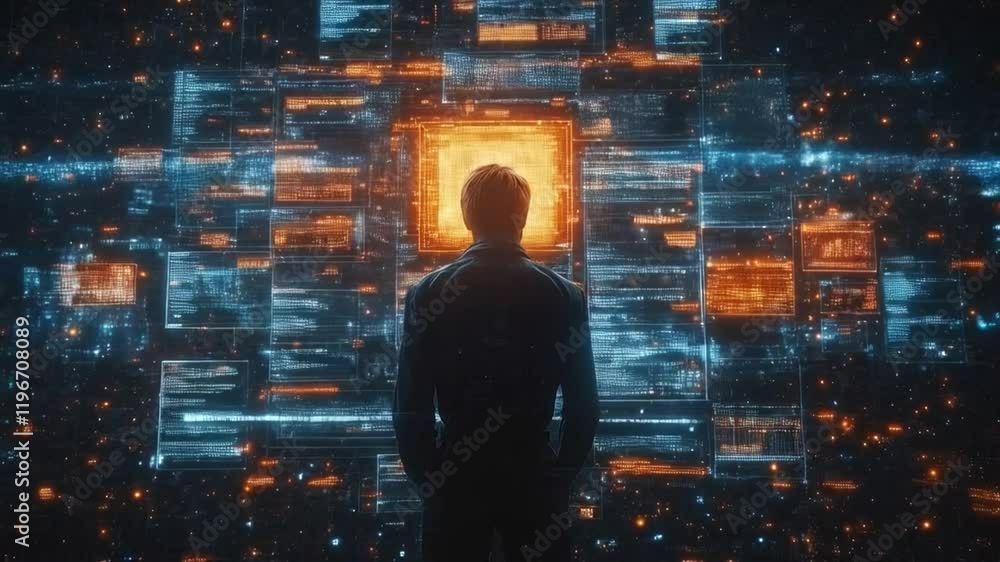 Poster A figure stands in front of a vast digital landscape filled with glowing data panels. The vibrant colors suggest a focus on advanced cyber defense technologies, emphasizing innovation and security.