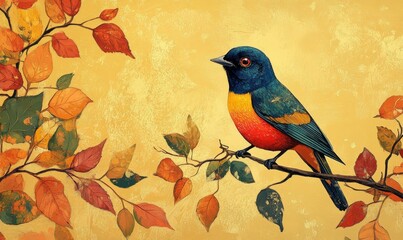 A brightly colored bird sits on a branch surrounded by autumn leaves.