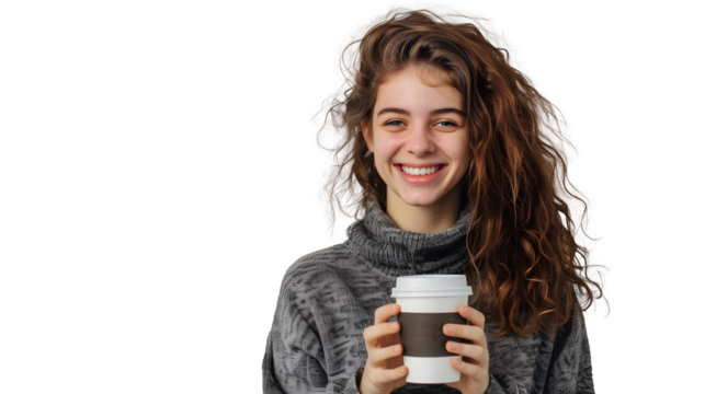 Close-up of young woman holding coffee cup isolated on transparent background. - Powered by Adobe