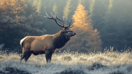 Majestic stag in frosted meadow