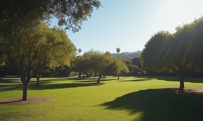 Obraz premium A clear day in the park, where the grass is green and the trees are lush.
