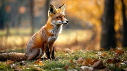 Red fox sitting in autumn woods