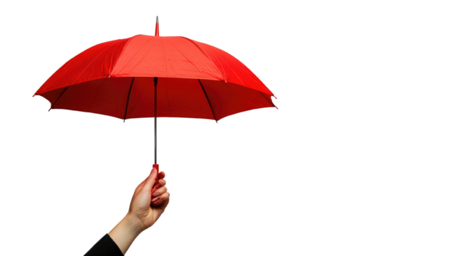 Hand holding red umbrella on transparent on white background.  - Powered by Adobe