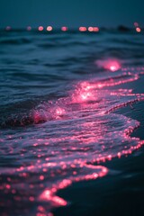 Pink-lit ocean waves, blurry lights ashore.