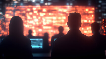 A group of diverse professionals in a high-tech control room, observing multiple holographic screens displaying encrypted data, privacy metrics, and secure communication pathways. The atmosphere is