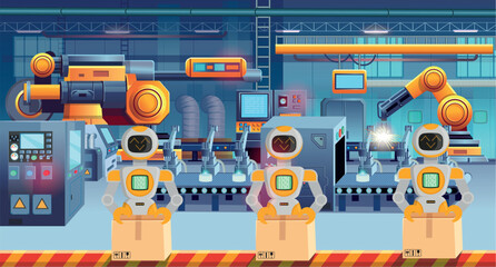 Robots working with cardboard boxes on a conveyor belt. Human labor replacement. Concept of automation manufacturing process.Factory background for game. Factory manufacturing industrial line.