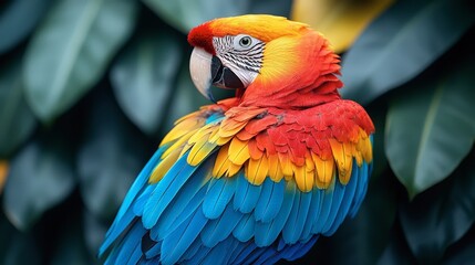 Obraz premium A Vivid Scarlet Macaw Parrot Amidst Lush Green Foliage, Displaying its Bright Red, Yellow, and Blue Plumage in a Close-up Portrait