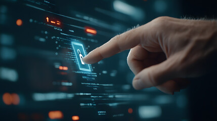 A user interacting with a digital touchscreen, with their finger hovering over a holographic lock symbol. The interface displays complex encrypted data streams and graphs, with glowing blue tones