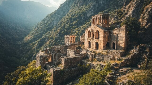 A crumbling ancient monastery nestled in the mountains, with cryptic inscriptions and shadowy passageways hinting at hidden secrets