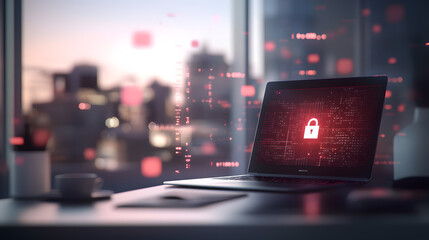 A futuristic office setting with a laptop on a desk, displaying a holographic lock icon overlaid on a data interface. The background is softly blurred, showing a dynamic web of encrypted lines and