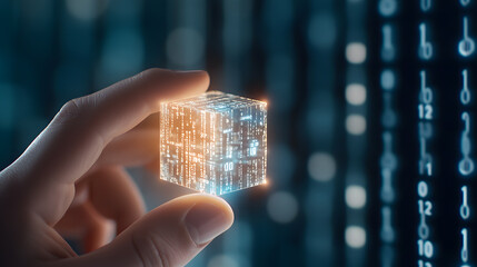 A close-up of a human hand holding a transparent cube containing digital data symbols, with light beams projecting from it. The cube is surrounded by a holographic shield, representing secure data
