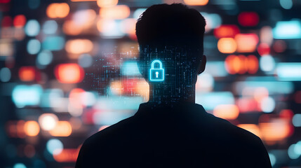 A person silhouetted against a large digital screen filled with overlapping data streams, graphs, and encrypted symbols. The central focus is a holographic padlock surrounded by glowing circuitry,
