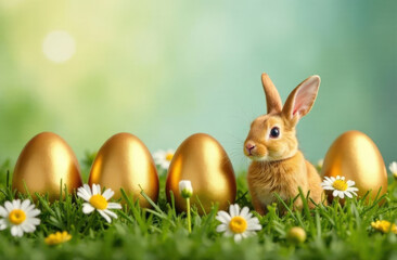 Easter bunny and golden Easter eggs on green grass meadow. Easter spring greeting card. Easter rabbit and easter eggs background with copy space.