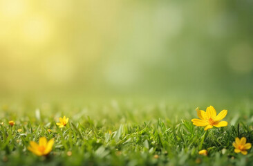 Nature background grass and yellow daisy flowers. Sunny spring meadow background with copy space.