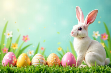 White Easter bunny and multi colored Easter eggs on green grass. Easter spring greeting card. Easter rabbit and easter eggs background with copy space.