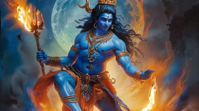 Shiva, the powerful hindu god, stands proudly with his trishula weapon, controlling fire skillfully. Exuding spirituality and tradition, the vibrant colors add divine energy in fire