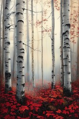 Fototapeta premium Birch trees in foggy forest surrounded by vibrant red foliage, creating a tranquil autumn landscape perfect for nature photography and seasonal decor.