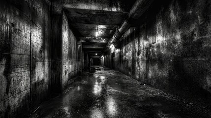 A dimly lit, eerie underground tunnel with damp walls and a haunting atmosphere in an abandoned industrial site