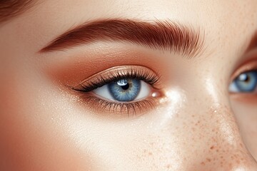 Obraz premium Close up of blue eye with coral and pink eyeshadow. Professional beauty makeup and cosmetics concept. Image for beauty ads and banners. Macro view.