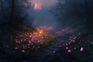 Fototapeta premium Enchanted forest path, glowing flowers, twilight scene.