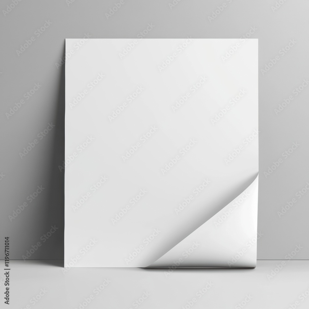 Poster blank paper sheet with curled corner on gray wall offers space for creative text and designs remindi