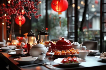 Traditional chinese new year feast table decorated with lanterns in a cozy restaurant setting