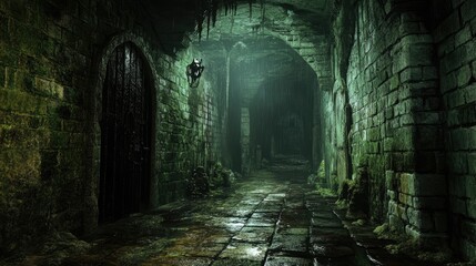 Fototapeta premium A haunting underground tunnel with wet, mossy walls and a foreboding atmosphere, leading into darkness