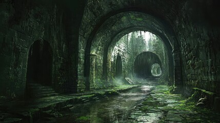 A haunting underground tunnel with wet, mossy walls and a foreboding atmosphere, leading into darkness