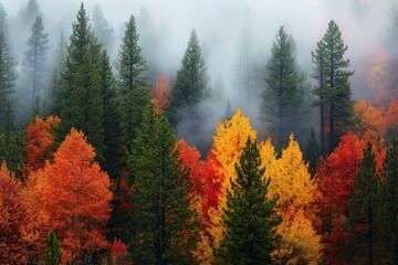 Forest landscape featuring vibrant autumn foliage, towering evergreen trees, and a mystical fog, creating a serene atmosphere in nature. Scenic beauty and tranquility.