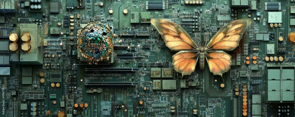 Poster a global data repository. a 3d image of a motherboard, processor, cpu, and quantum computer