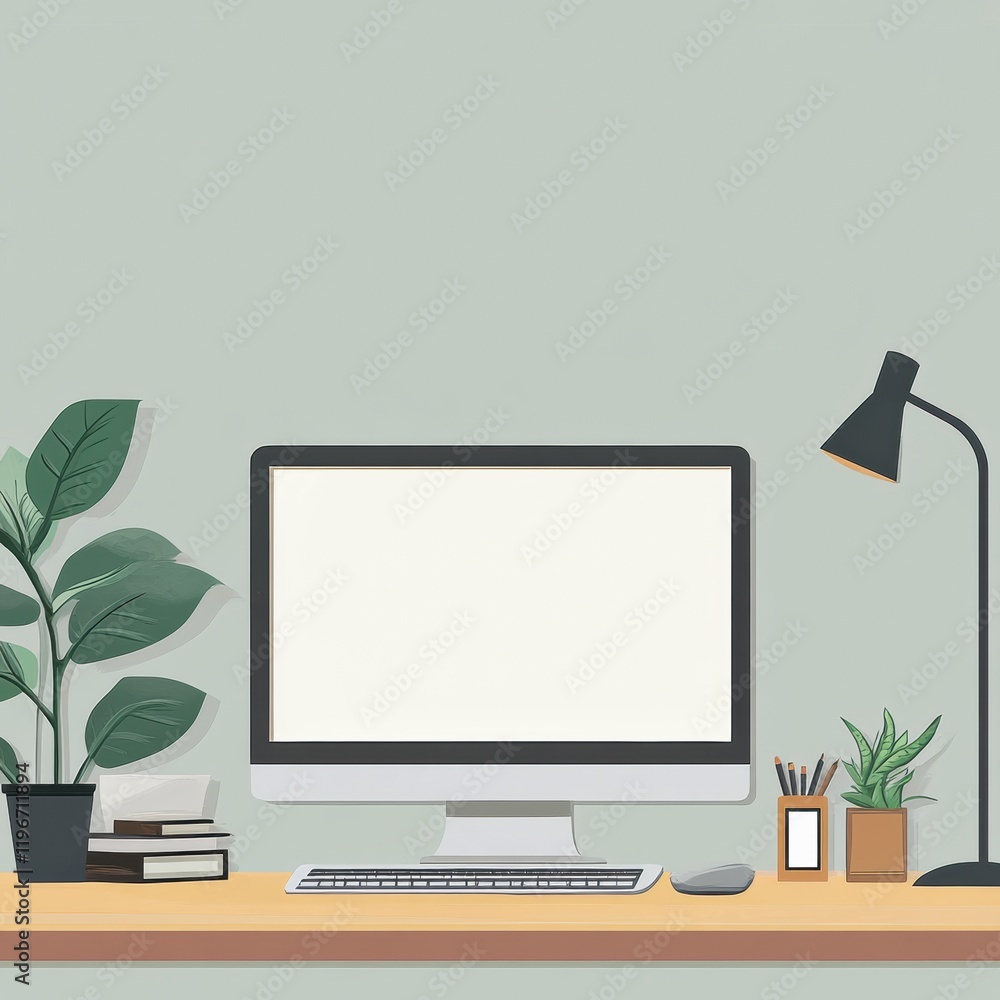 Poster modern workspace with empty computer screen and decorative plants designed for creative project or p